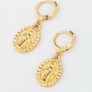 Virgin Mary Dainty Gold Round Clasp Earrings